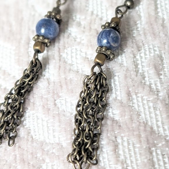 Hand Crafted Blue and Gold Chain Earrings - Picture 4 of 4
